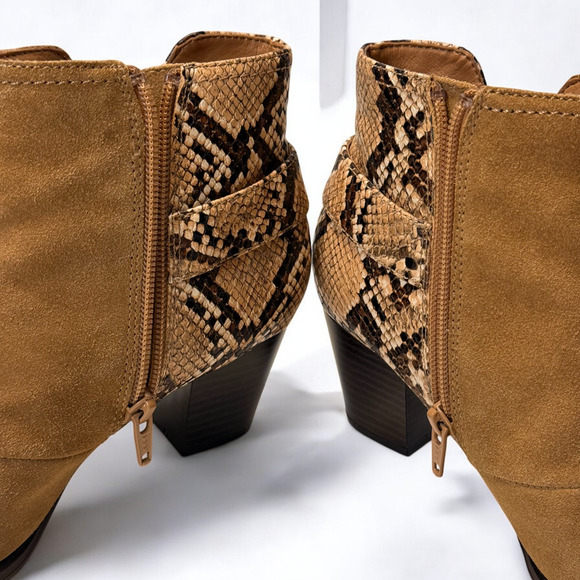 Vionic Naomi Brown Suede Ankle Boots Sz 6 Snake Print Block Heel Zip Up Orthotic - Picture 7 of 11